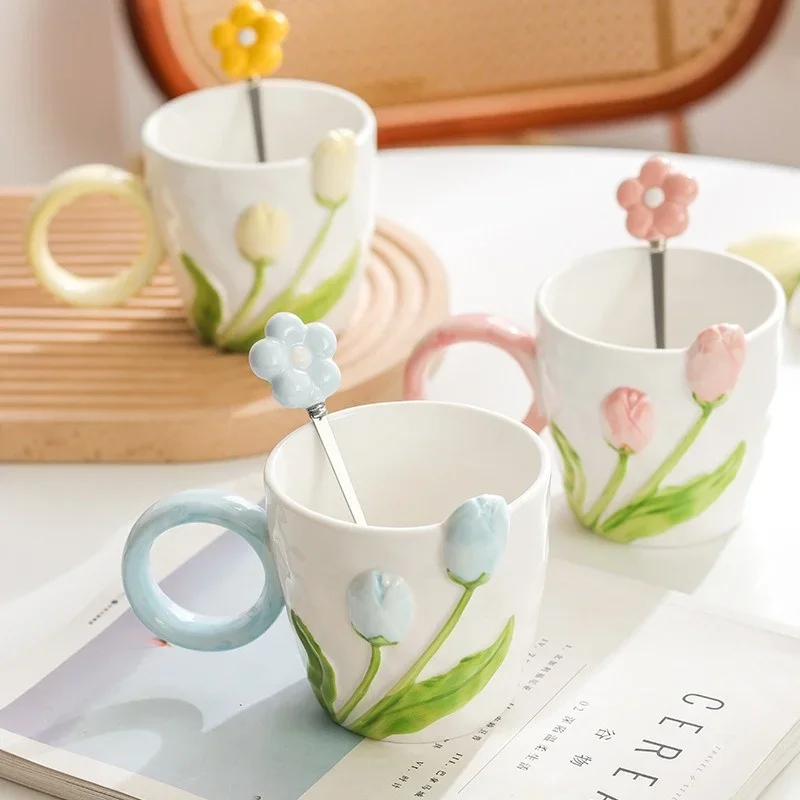 Tulip Flower Ceramic Mug Three-dimensional Design Creative Relief Girl Heart Ins Style Coffee Cup Birthday Valentine's Gift