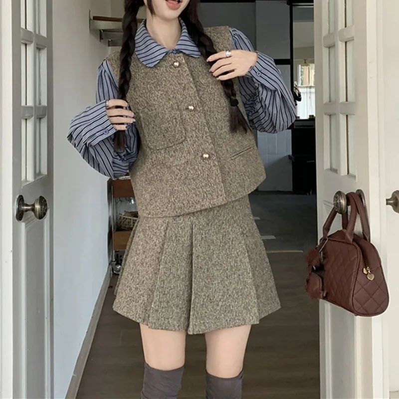 Vintage College Style Women 3pcs Outfit Long Sleeve Striped Shirt Tweed Single Breasted Vest Coat High Waist Pleated Skirt Suits