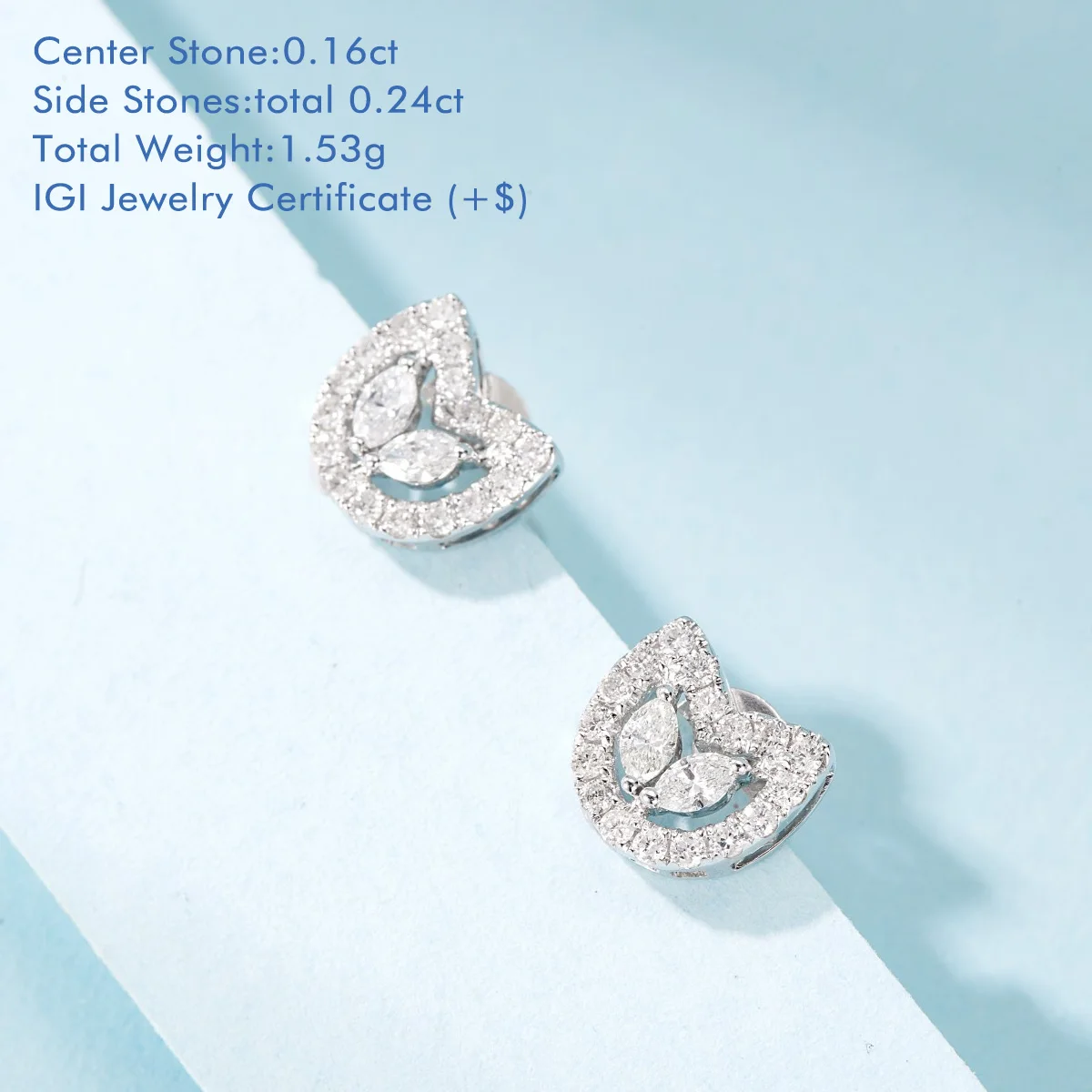 Marquise and Round Natural Diamond Earrings 18K White Gold Total 0.4ct Cat's Eye Shaped Natural Diamond Stud Earrings For Women