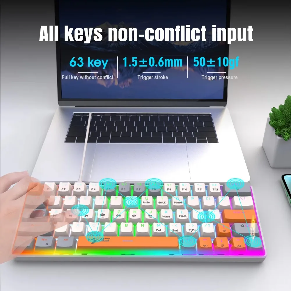 Hot Swappable Mechanical Keyboard 63 Keys Wired Dual Injection Keycaps Full N-Key Rollover Waterproof Keyboard for PC Laptop
