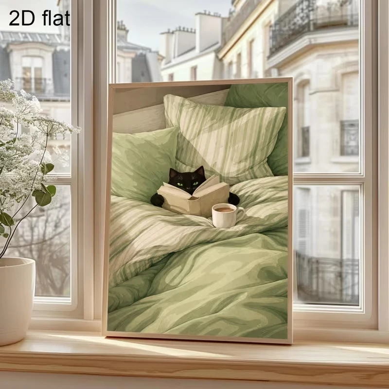 Modern Black Cat Reading A Book While Enjoying Coffee,Wall Art Print Canvas Painting Poster Picture For Bedroom Home Decor