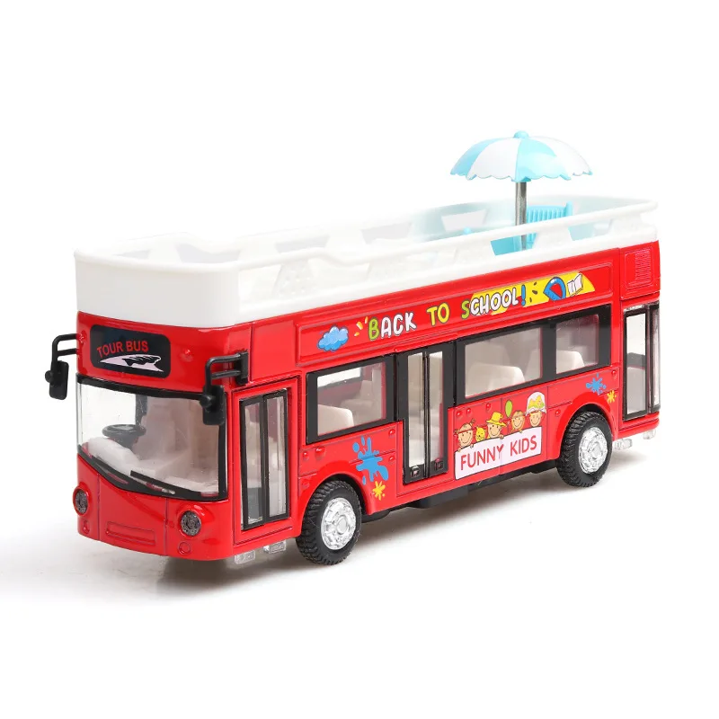 1:36 Double Decker Bus Toy Model Cars Alloy Diecast Miniature Buses Sound Light Doors Opened Pull Back Vehicle Gifts
