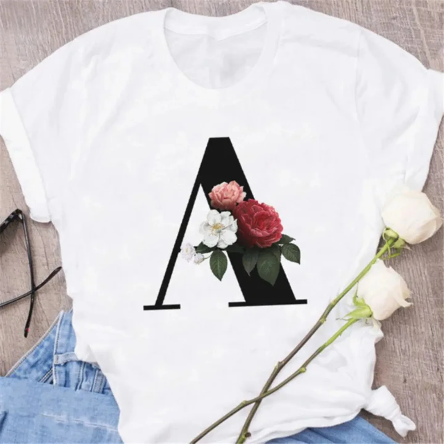 Harajuku Female T-Shirt A B C D E English Alphabet Print T Shirt Women New Summer Couples Lovers Casual Black Tops Tshirts