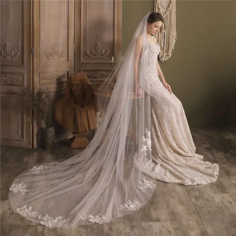 

Elegant Bride Wedding customizedLong Veil with Comb, White/Ivory, Embroidered Lace Edge, Swiss Tulle with Appliqué Flowers