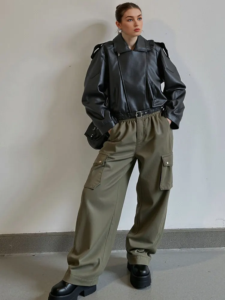 HH المرأة خمر الصلبة فو سترة جلدية التلبيب سحاب أكمام طويلة الستر الإناث الخريف الشتاء سميكة الدافئة سيدة ملابس خارجية