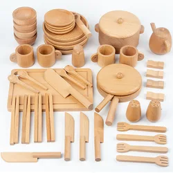 52Pcs utensili da cucina scolapiatti pinze Set di tazze stoviglie in faggio giochi di imitazione giocattolo da cucina in legno