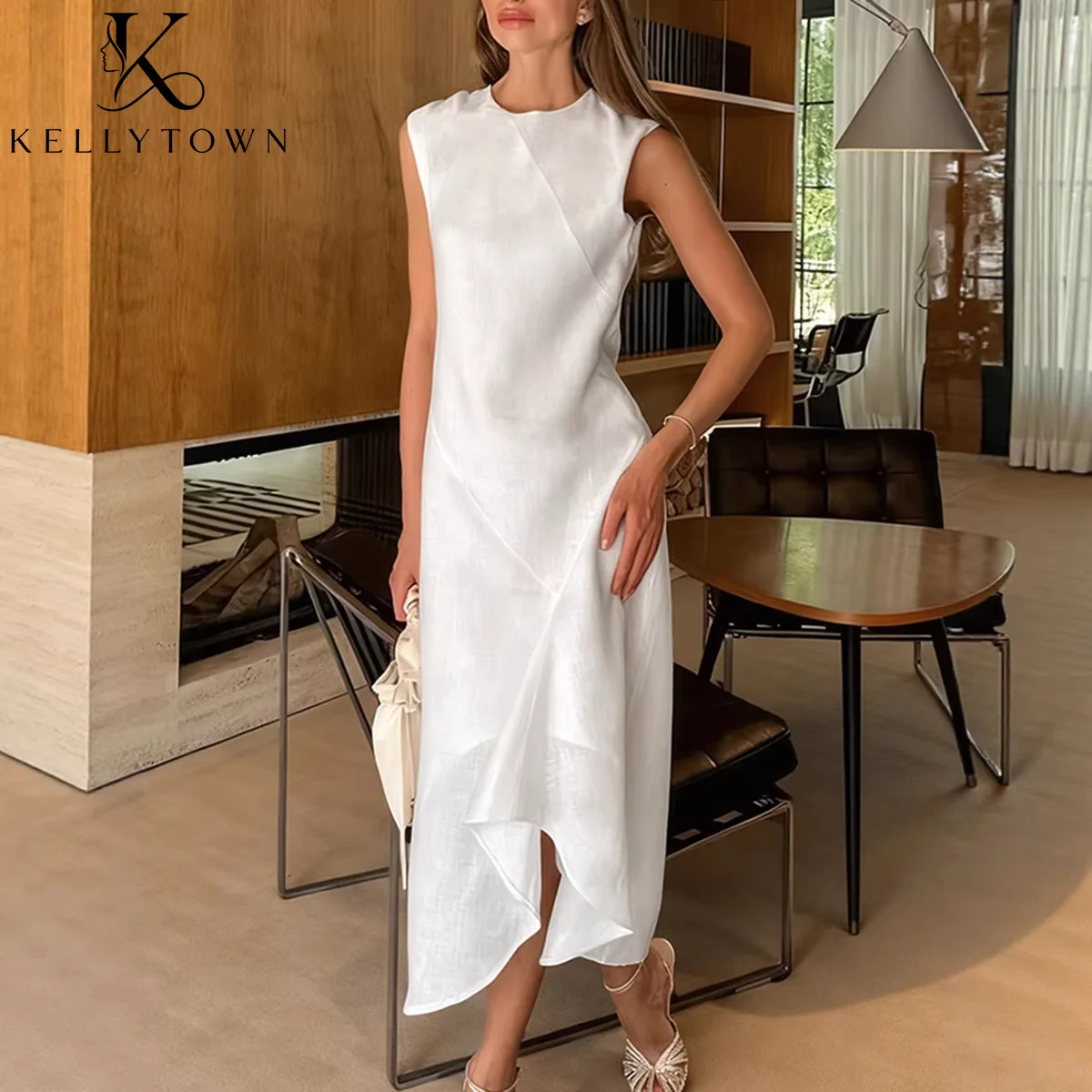 KELLYTOWN Weißes Midikleid für Damen, atmungsaktiv, Rundhalsausschnitt, ärmellos, A-Linie, asymmetrischer Rüschensaum, französisches, schickes Büro-Sommerkleid