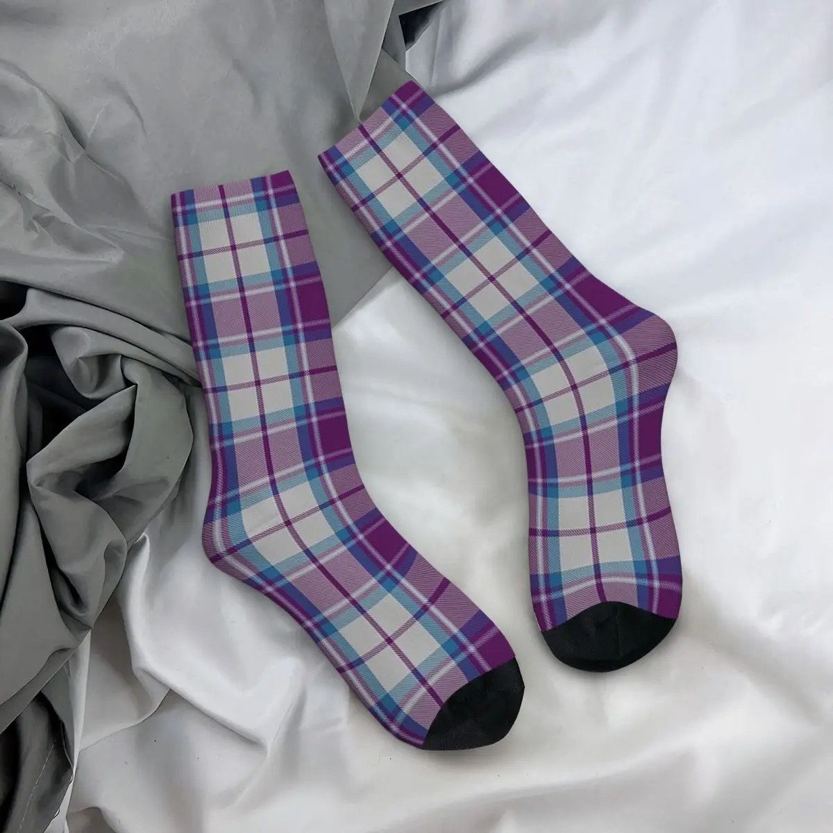 

All Seasons Crew Stockings Tartan - Purple, Blue And Beige Socks Crazy Hip Hop Long Socks Accessories for Men Women Gifts