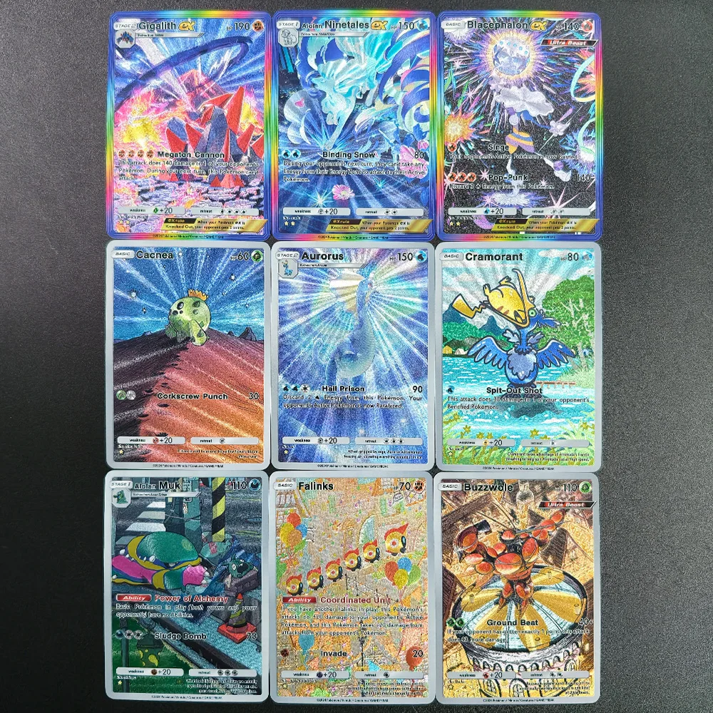 9 Tarjetas Coleccionables TCG Hechas a Mano en Inglés con Textura de Juego de Glgalith, Aurorus, Blacephalon, Buzzwole, Cacnea, Cramorant y Falinks