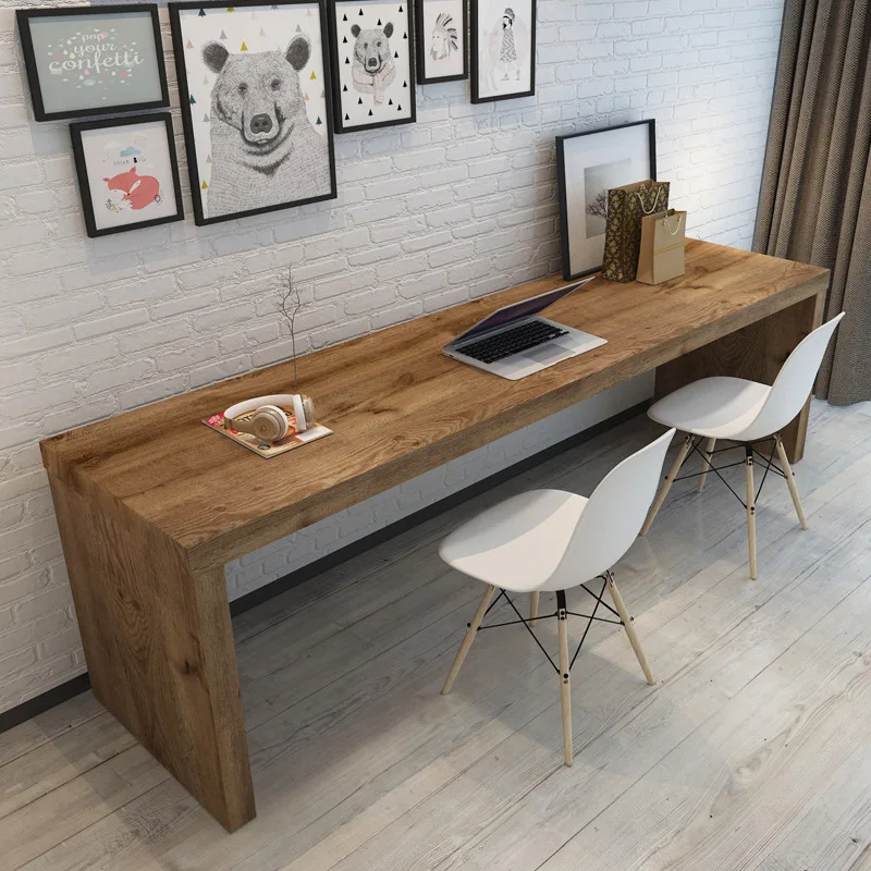 

All solid wood double desk home retro office computer desk long table simple wall bar