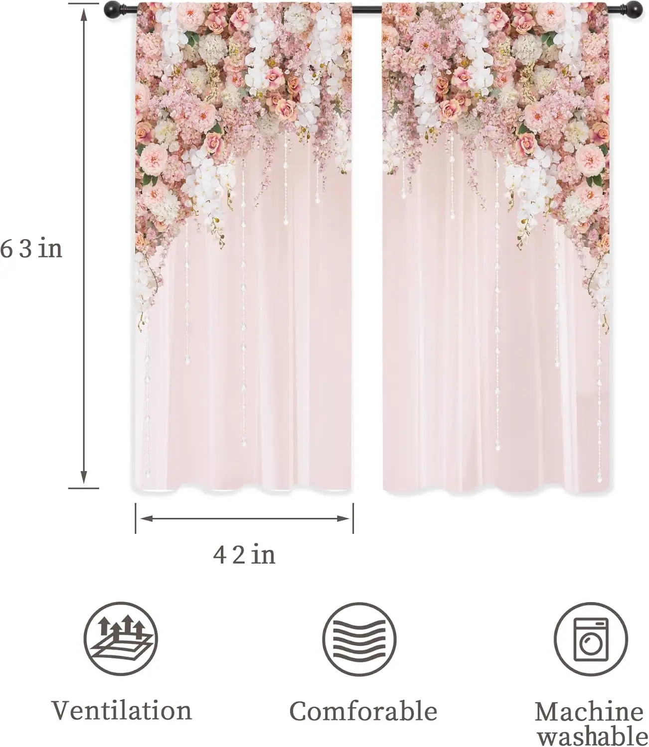 Pink Blush Floral Curtains Girls Flower Rose Bridal Blossom Spring Natural Elegant Romantic Aesthetic Pretty Rod Pocket  Women