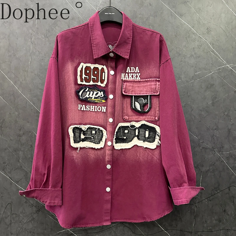 2025 New Spring Autumn Long Sleeve Denim Cardigans Coat Mid-long Loose Casual Blouses Patch Embroidery Streetwear Women's Tops