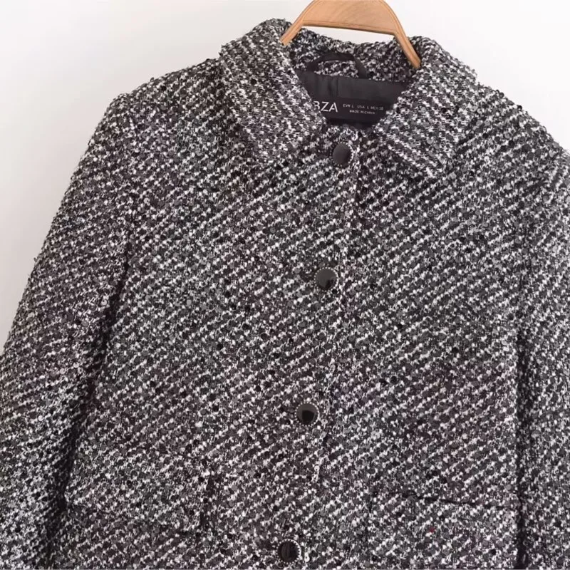 TRAF-Blazers Courts avec Décoration de Perles pour Femme, Veste Femme à Manches sulf, Poche Bergame, Bouton, Mode Automne