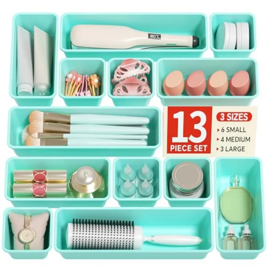 

13 Pack Plastic Drawer Organizers Set, 3 Sizes Desk Drawer Organizer Trays for Vanity and Makeup Organizer, Organization and St