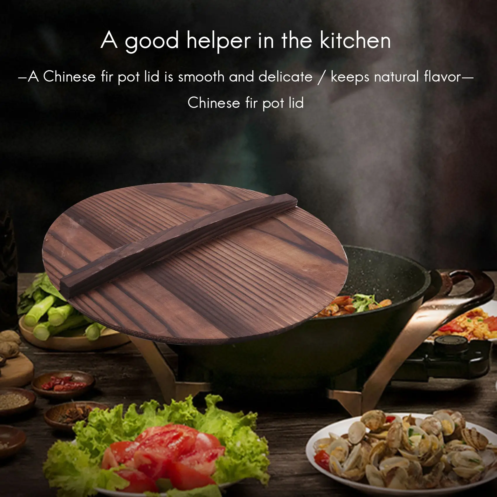 Kitchen Multi-Functional Wooden Pot Cover Handle Pan Lid Eco-Friendly Anti-Scalding Wood Baking Pot Lids Cover 26cm