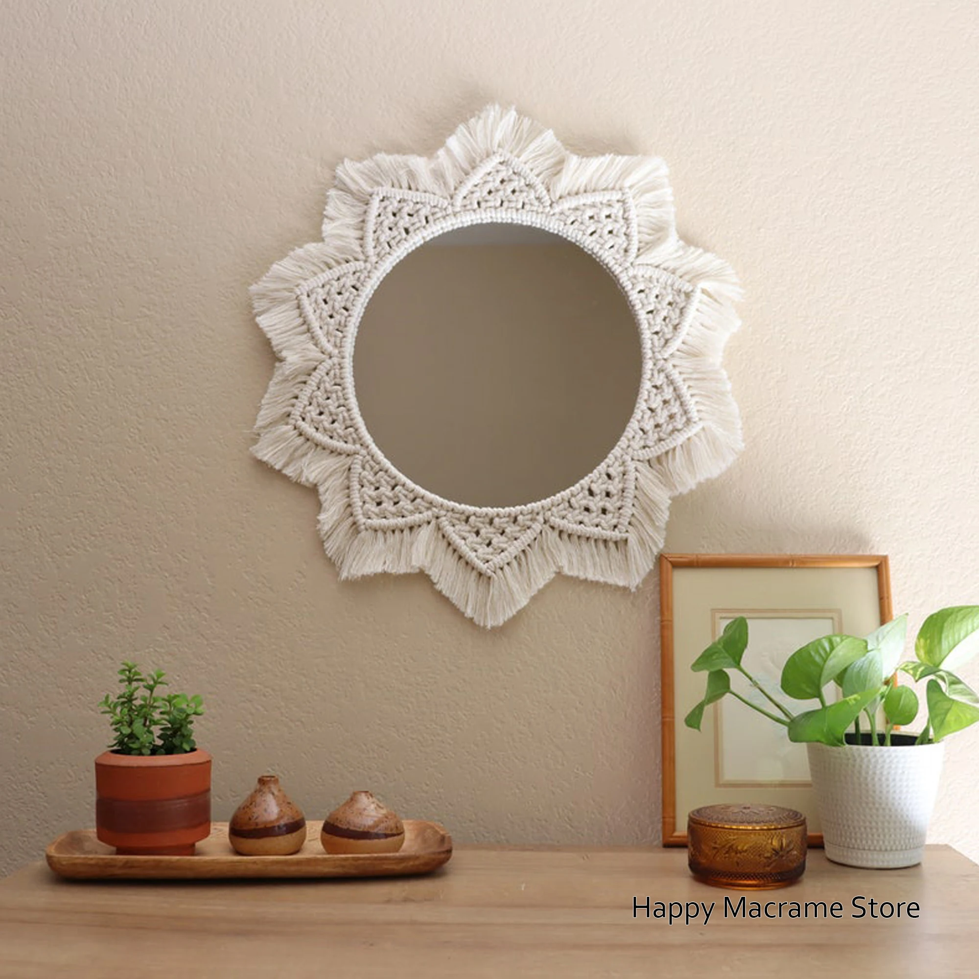 

Bohemia Macrame Handmade Makeup Decorative Mirror Wall Tapestry For Bedroom Livingroom Bathroom Home Decor Shower Round Mirrors