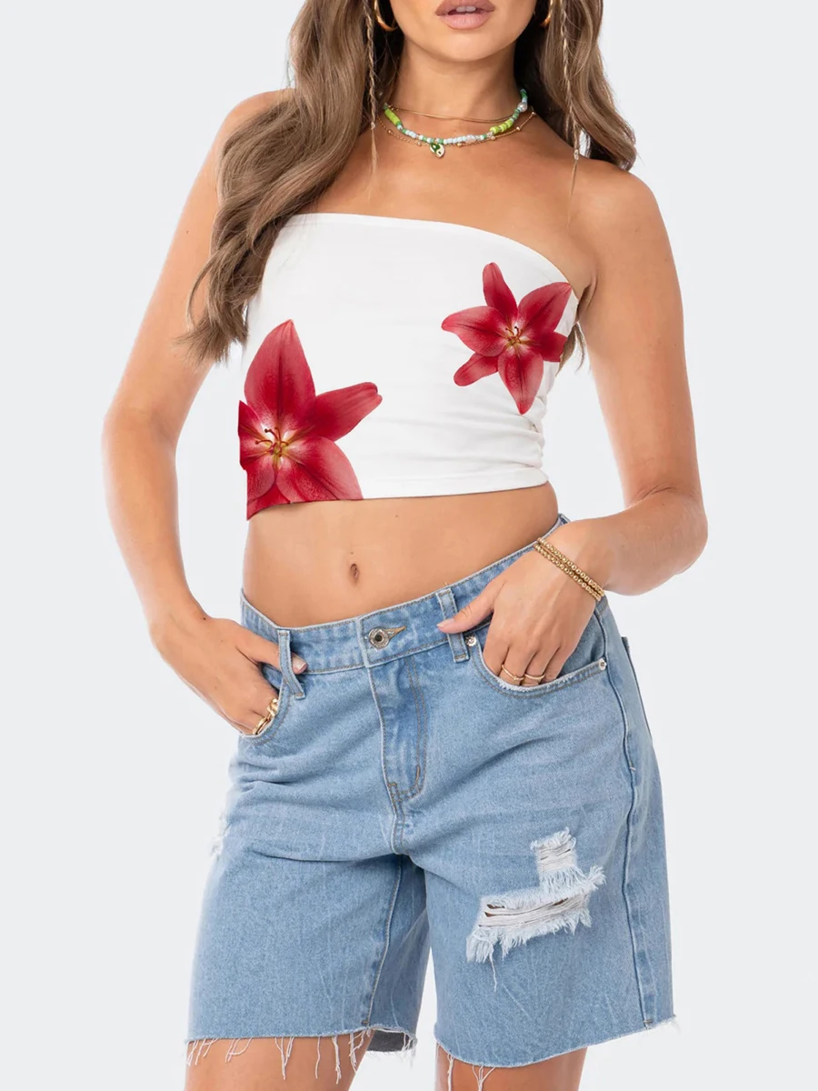 Roupas lounge com 2 peças Y2K para mulheres, top floral de tubo lírio, bodycon em bandeau, shorts fofos para sair, conjunto combinado