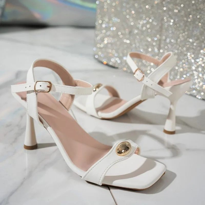 Summer New Square Toe Stiletto Heel Sandals for Women, Metal Buckle One Strap Open Toe High Heels, Elegant Socialite Style All-M