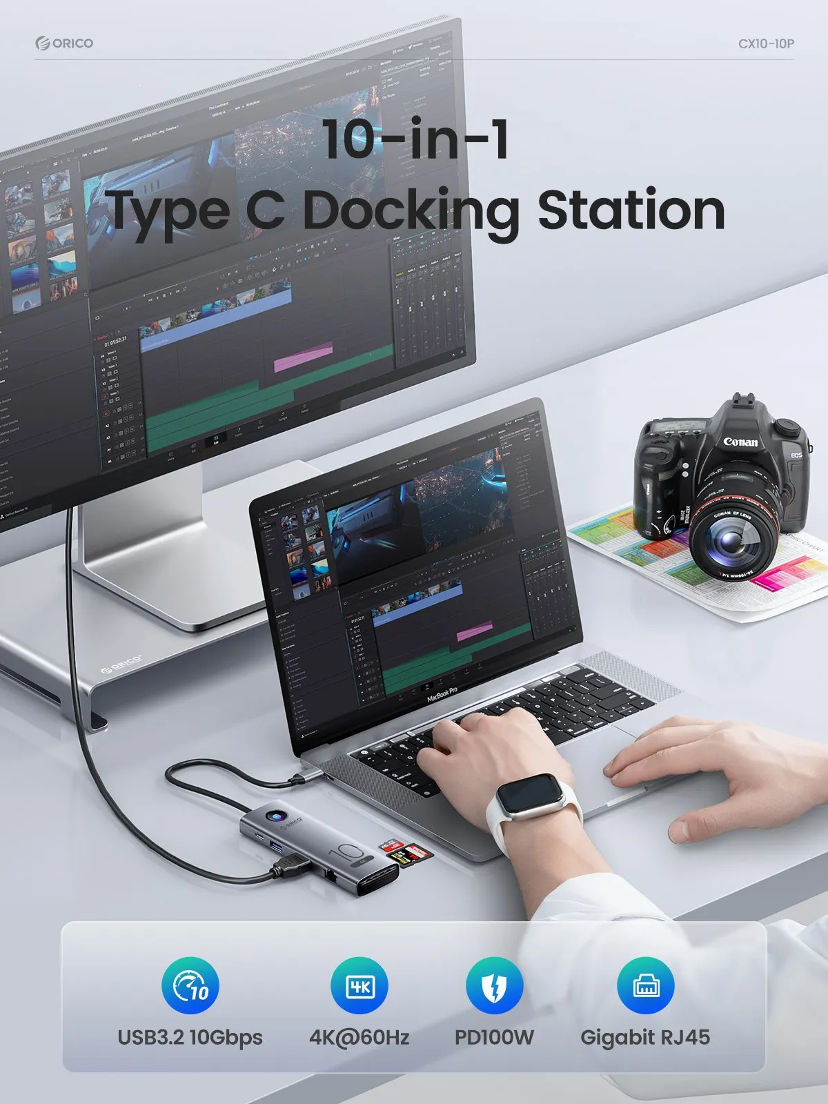 Imagem -02 - Orico-tipo c Docking Station 10gbps 4k60hz Compatível com Hdmi Usb 3.0 2.0 Hub Rj45 Pd100w Leitor de Cartão Adaptador Acessórios para Notebook