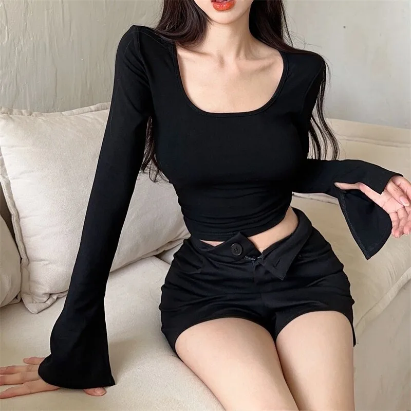 Women Solid Color Reversible Two Ways Wear V Neck Long Sleeve T Shirt Sexy Slim Fit Hot Girl Pure Desire Inner Layering BasicTop