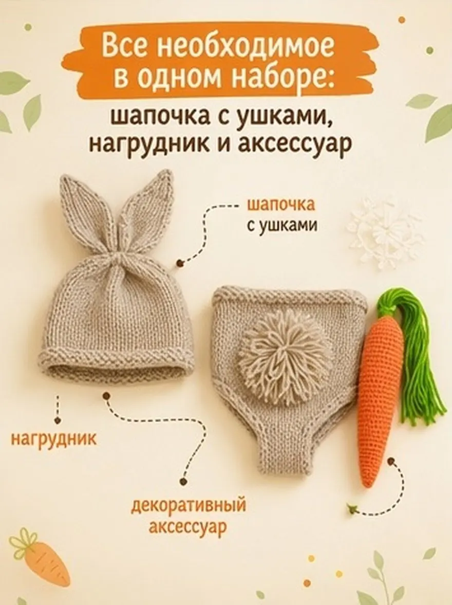 Newborn Easter Photography Costume Set – Soft Breathable Knit Baby Rabbit Outfit with Carrot Prop for Photo Shoot