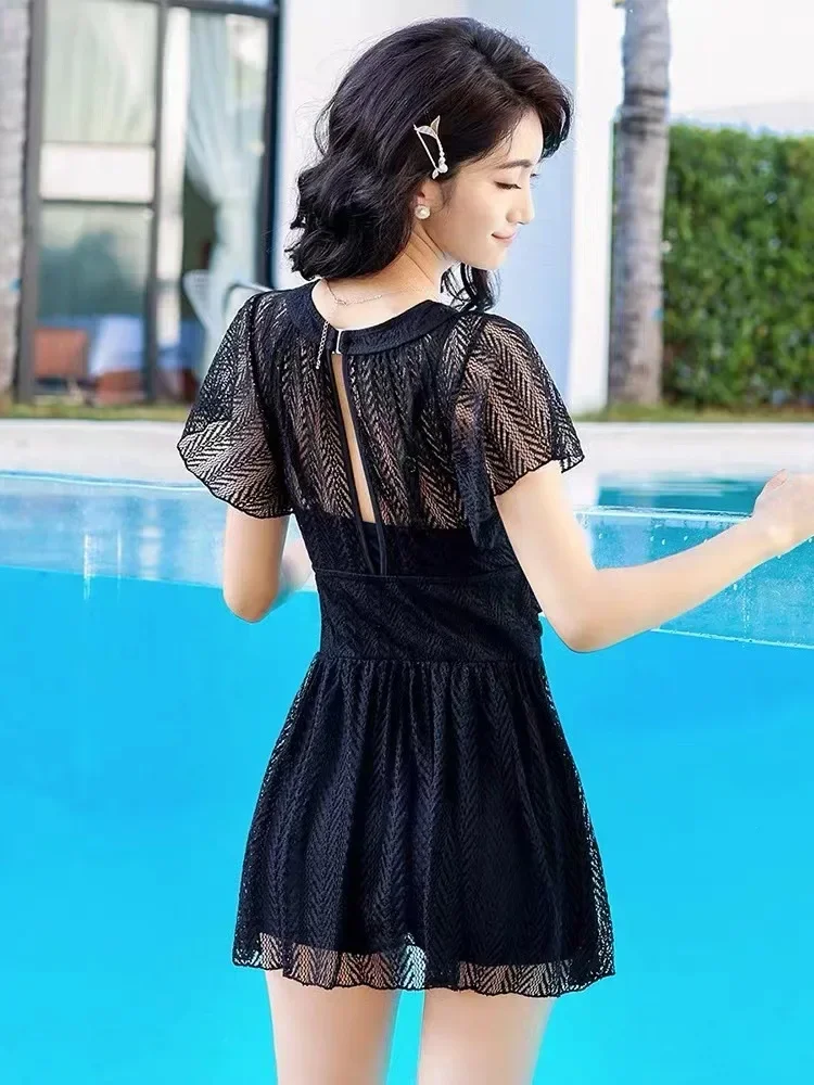 

Solid Color Spliced Lace Sexy Thin Fashion Vacation Casual Short Sleeve Swimwear Summer New Women's Clothing 2025