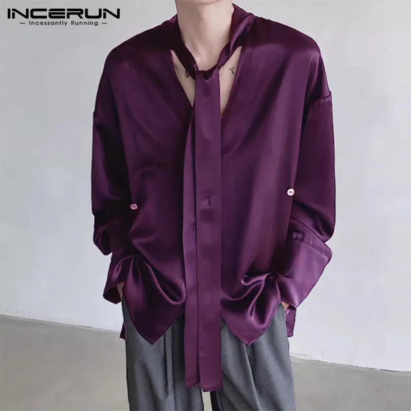 2024 Men Shirt Solid Color Satin V Neck Long Sleeve Loose With Tie Men Clothing Streetwear Fashion Casual Shirts S-5XL INCERUN