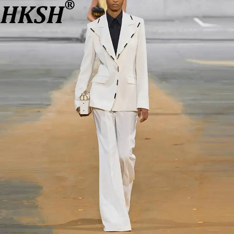 

HKSH осенний новый женский костюм с металлическими блоками, темпераментный элегантный комплект из двух предметов, костюм на одной пуговице, широкие брюки, Ins HK8654
