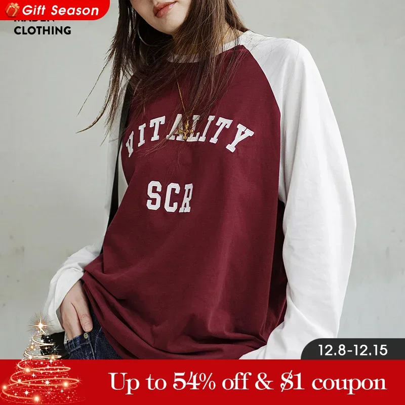 Maden Cotton Long Sleeve T-shirt for Women Burgundy Color Contrast Round Neck Tops Spring and Autumn Inner Wear Loose Tees