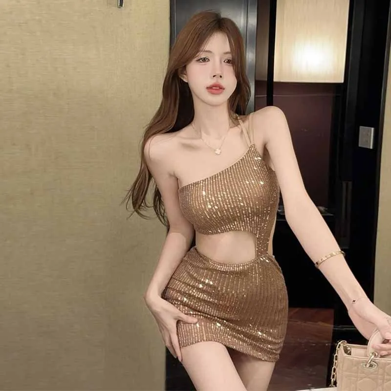 

Sexy High-Waist Sequin Bodycon Dr Women's Cross-Border Hollow out Strapl Tight-Fitting Waist-Baring Dr