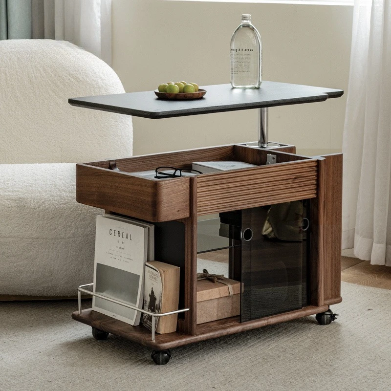 Black walnut lifting coffee table movable cart Nordic solid wood edge table household Japanese multi-functional sofa
