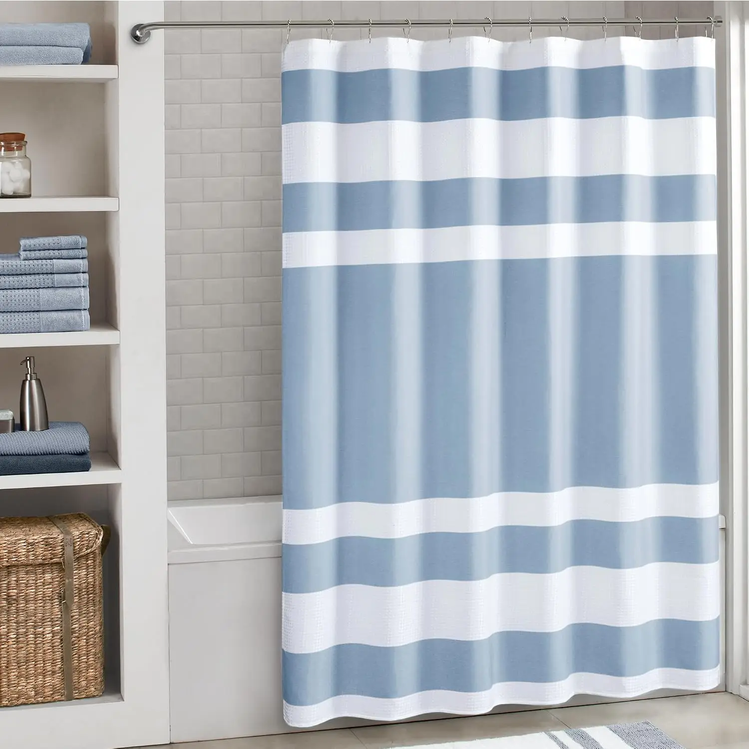 Simple Wide Stripe Shower Curtain, Light Blue White Waffle Texture Band Print Waterproof Bath Curtain with Hooks Family Washroom