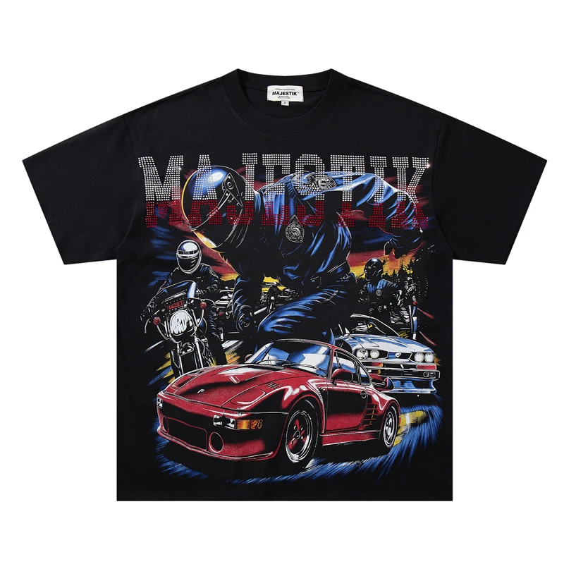 MAJESTIK T-shirts American High Street Trend Brand New Washed Do Old Diamond Inlaid Casual Round Neck Top T-shirt