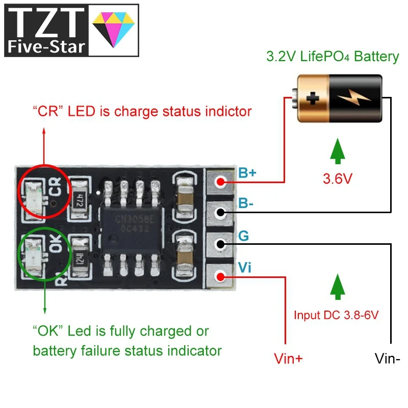 TZT Dedicado LiFePO4 Módulo Carregador de Bateria, 3.6V, 1A, CV/ CC, Proteção contra sobretensão, Recarga automática, Low-Power, 3.2V, LiFePO4