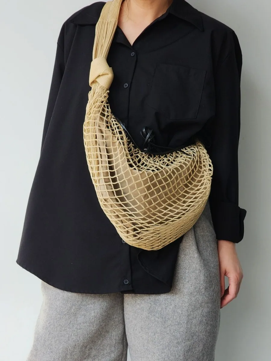

FIRMRANCH Spring/Summer Vacation Style Hollow Mesh Bag Fishing Net Knot Design Unisex Trendy Single Shoulder Crossbody Purse