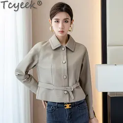 Tcyeek-Chaqueta de piel de oveja auténtica para mujer, ropa elegante con cordones, chaquetas cortas para primavera y otoño, 2023