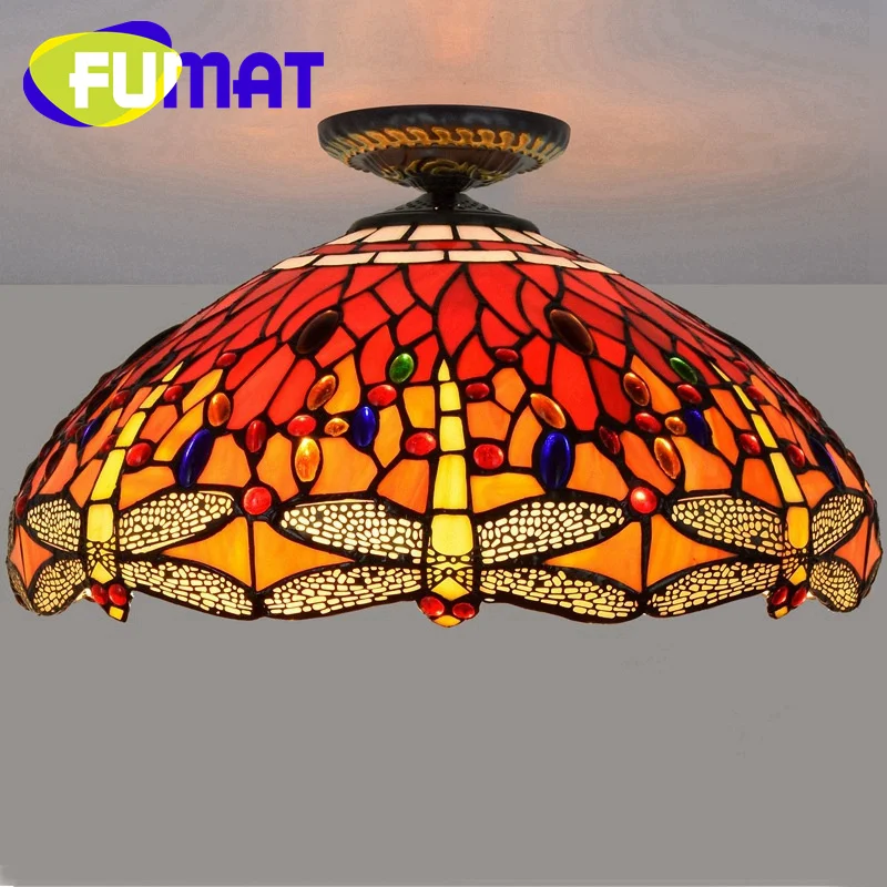 

FUMAT Tiffany stained glass 18 inch red Dragonfly chandelier flush mount light Dining room bedroom hallway glass ceiling light