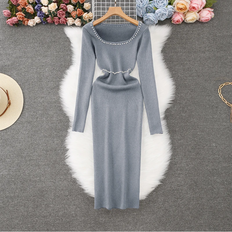 2024 New Temperament Dress For Women Autumn Heavy Industry Nail Bead O-Neck Long Waist Slim Fit Knitted Sexy Hip Hugging Skirt