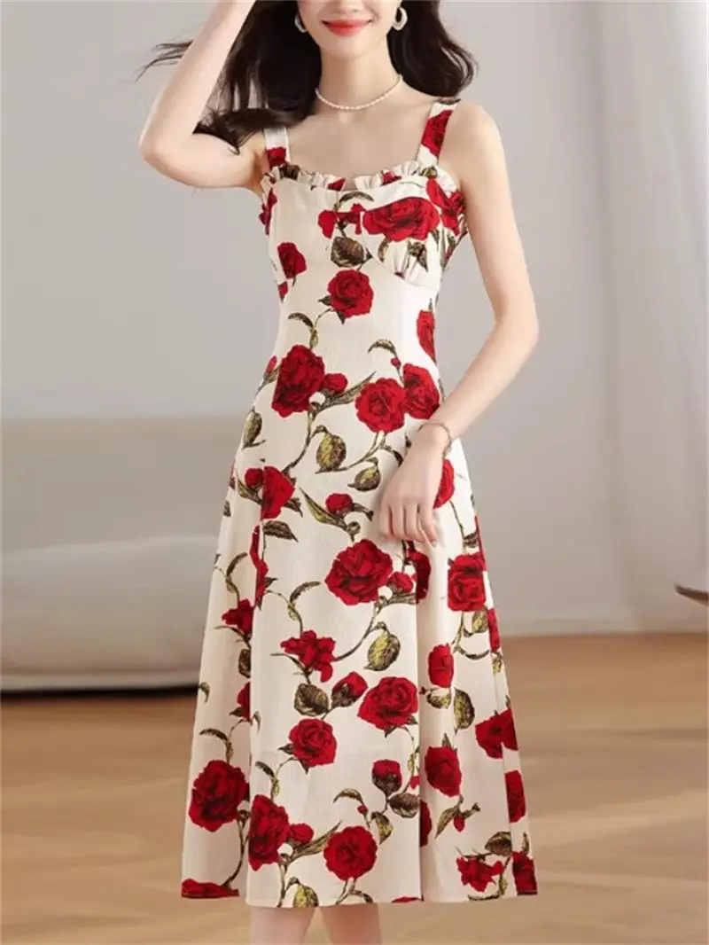 2025 New Women's Red Rose Floral French Strap Long Maxi Dress Summer Seaside Vacation Beach Boho Sundress G482
