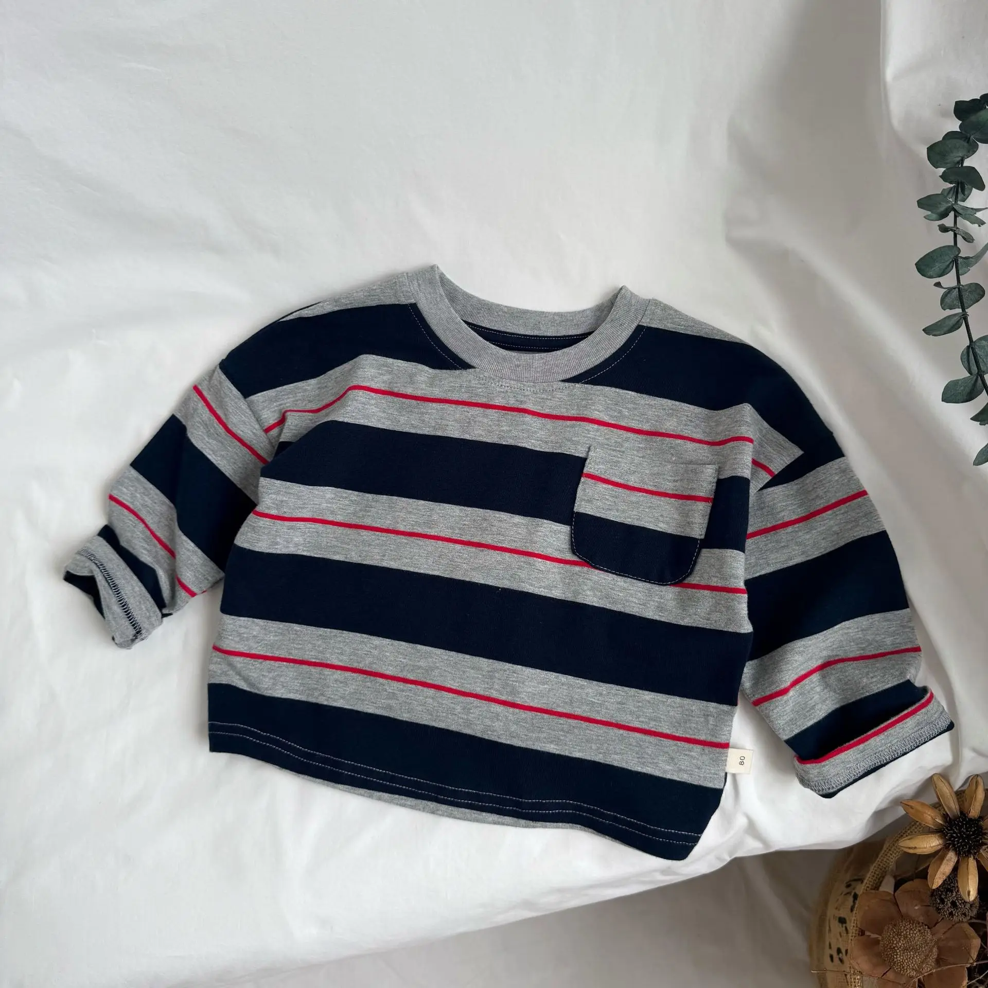 Korean Fall New Kids Wide Striped Pocket Long Sleeve Undershirt Boys Girls Baby Casual Versatile Long Sleeve T Shirt