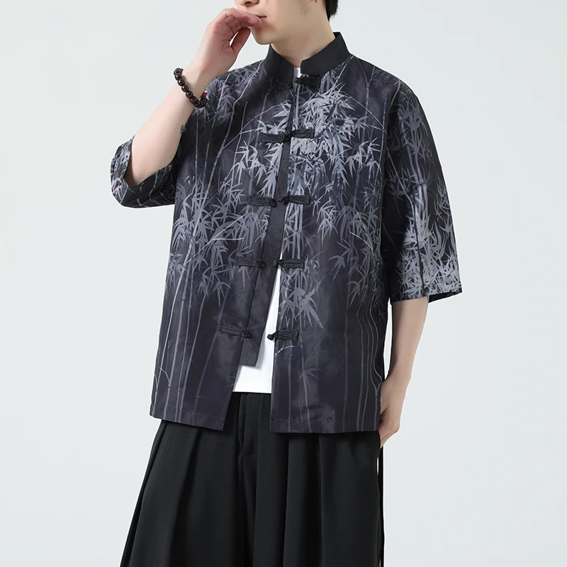 

M-XXXXXL Plus Size Summer New Chinese Style Short Sleeve Shirt Tang Suit Hanfu Inspired Men's Top with Traditional Print Clothes