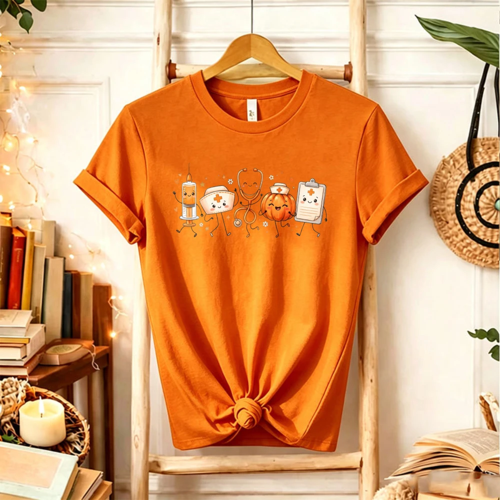Cute Medical Halloween T‑Shirt Cartoon Syringe Mask Stethoscope Pumpkin Clipboard Character Nurse Healthcare Worker Casual Tops