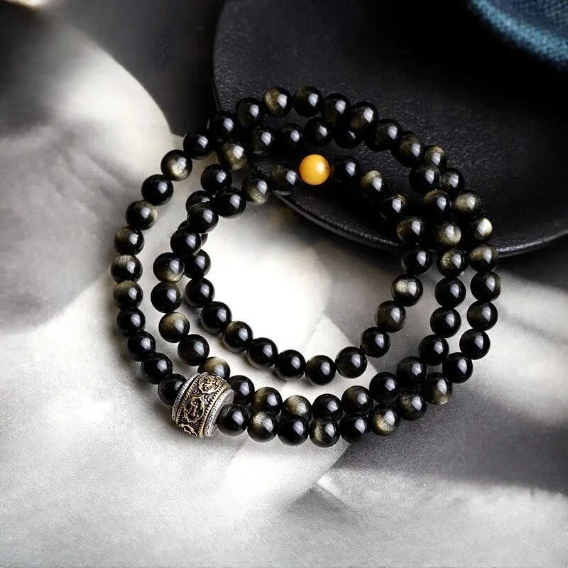 UMQ Original Natural Obsidian Bracelet Cat's Eye Black Bracelet Buddha Amulet 108 Pcs Couple Girlfriends Bracelet