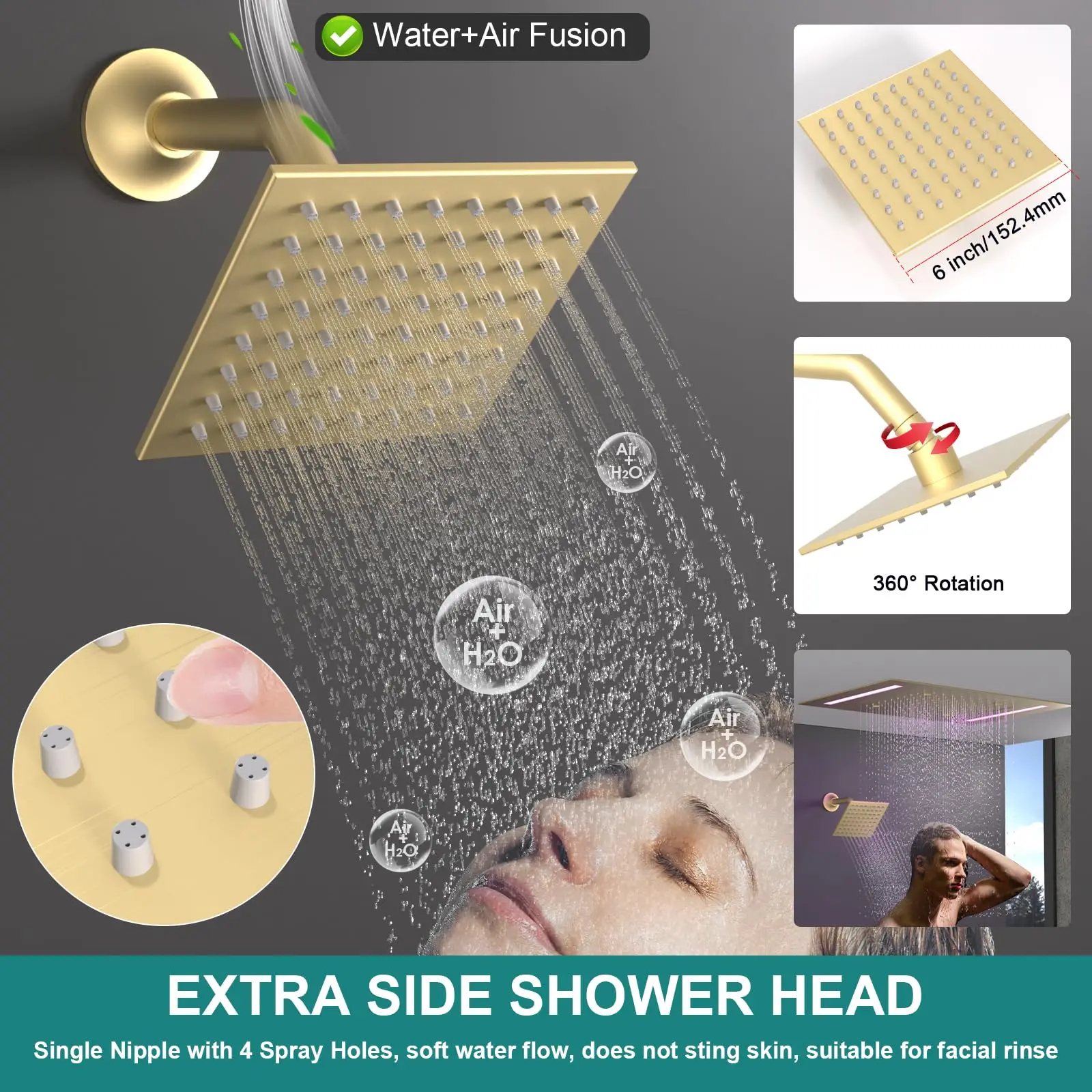 

Brushed Gold Ceiling Mount LED 14x20inch and 6inch Double Shower Heads Full Body Smart Thermostatic Rainfall Shower System Set