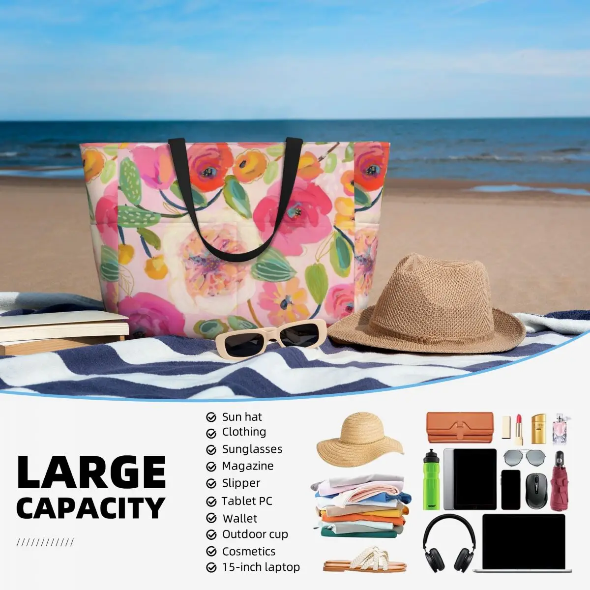 Bolsa de viaje de playa con estampado Floral rosa, bolso de mano personalizable, compras, viaje, regalo de cumpleaños, patrón multiestilo