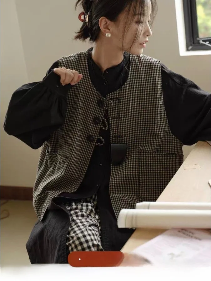 Retro Artistieke Dubbelzijdige Slijtage Plaid Open Vest Vrouwen Losse Vest Top Lente Herfst Ontwerp Gevoel Bovenkleding