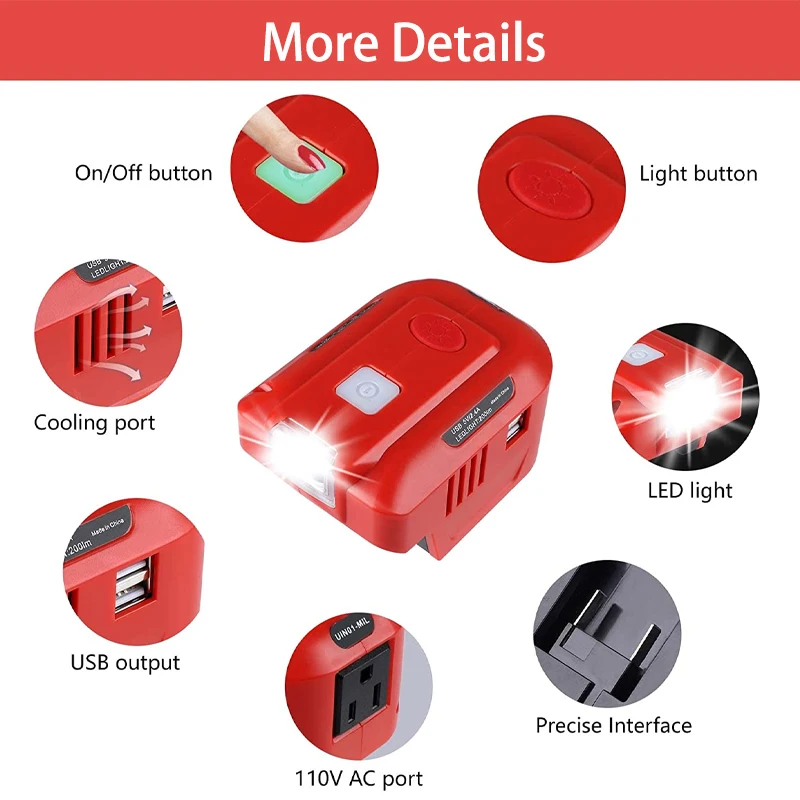 Imagem -03 - Fonte de Alimentação Adaptador Inversor com Luz Led Milwaukee 18v Bateria de Lítio Gerador Portátil 18v dc para ac 110v 220v 150w