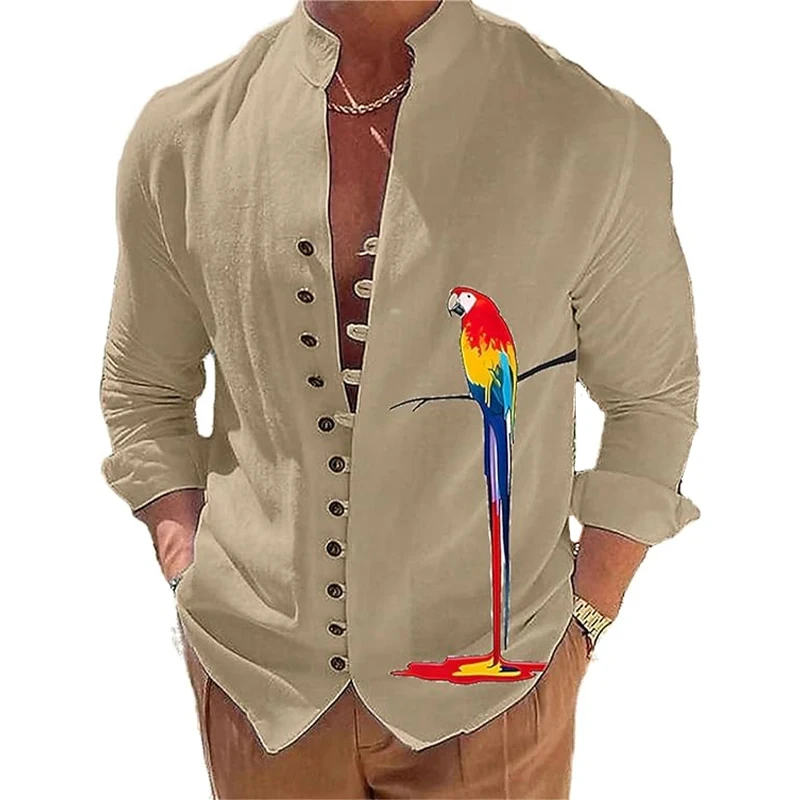 Men Fashion Shirts Parrot 3D Printed Shirt Male Casual Long Sleeve Standing Collar Tops Spring And Autumn Daily Outdoor Camisas