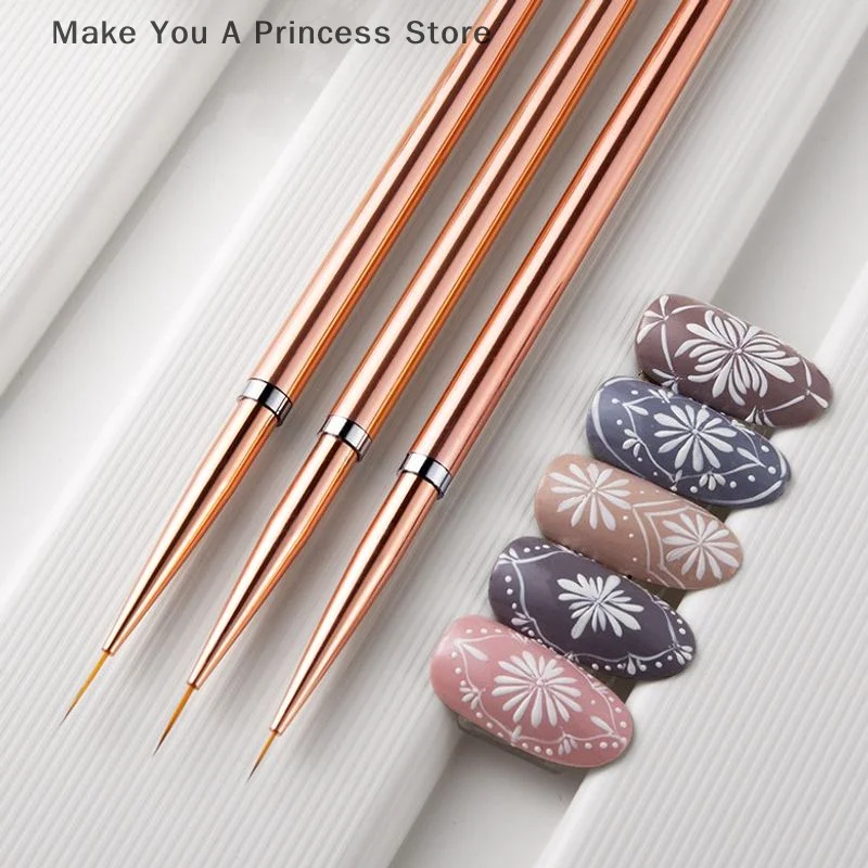 로즈 골드 3 개/대 네일 아트 UV 젤 라이너 페인팅 브러쉬 드로잉 꽃 스트라이핑 디자인 매니큐어 도구 키트 7/9/11mm