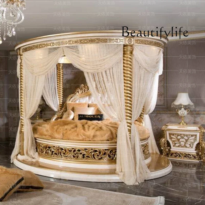 BJ European Luxury Round Bed Castle Wood Bedroom Wedding Double Bed Comfortable Adult High Quality Letto Matrimoniale Furniture